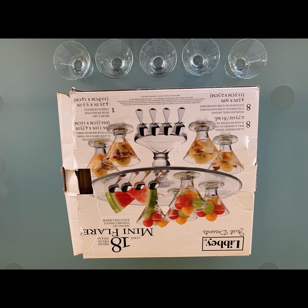 Libbey Just Desserts glass cake tray w dessert dishes and stainless steel spoons